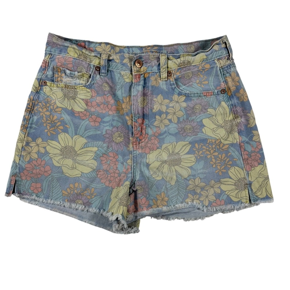 American Eagle Floral High Waisted Denim Shorts Blue Pink Yellow Women's Size 8